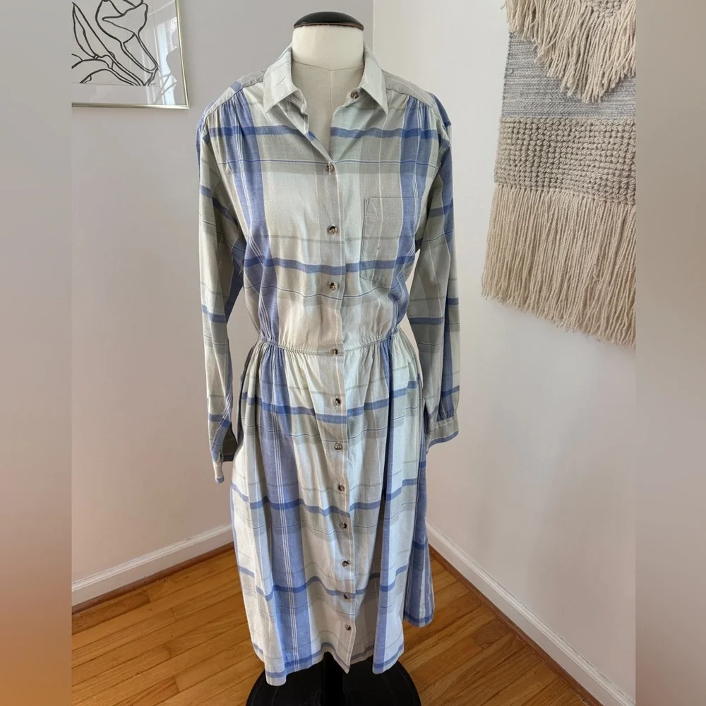 L.L. Bean Vintage Long Sleeve Plaid Dress - Blue and Cream - Picture 2 of 8